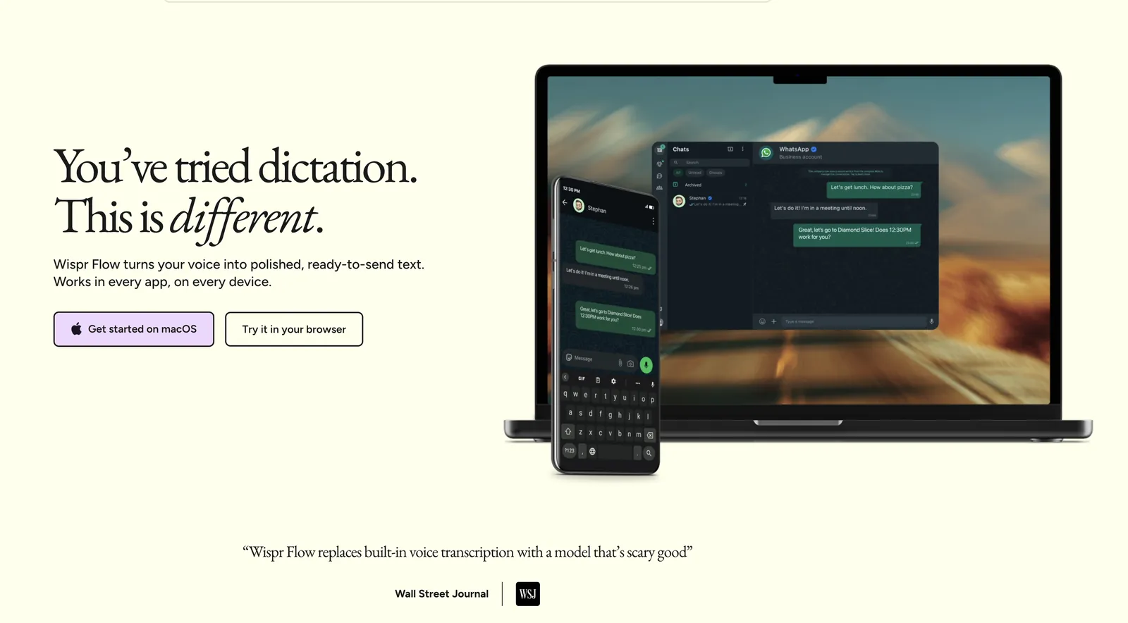 Wispr Flow marketing page: a laptop and a phone showing the same chat, both dictated by voice