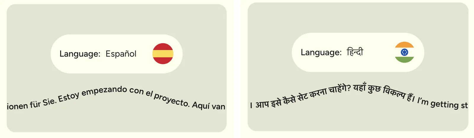 Two language cards from the Wispr Flow website: Español and Hindi, each with live dictated text